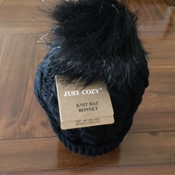 JUST COZY KNIT HAT BONNET.  ONE SIZE FITS.  COLOR: BLACK - Picture 1 of 3